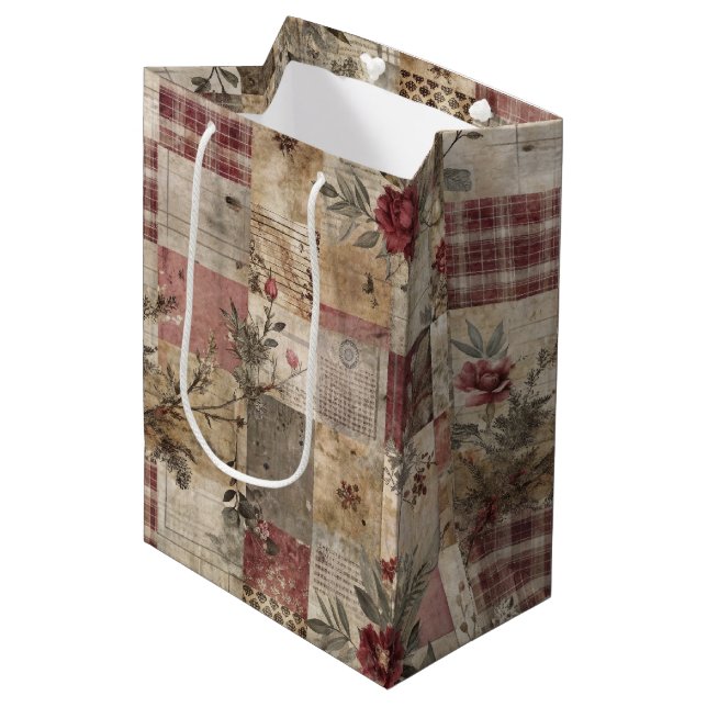 Vintage Botanical Patchwork Rustic Medium Gift Bag (Front Angled)