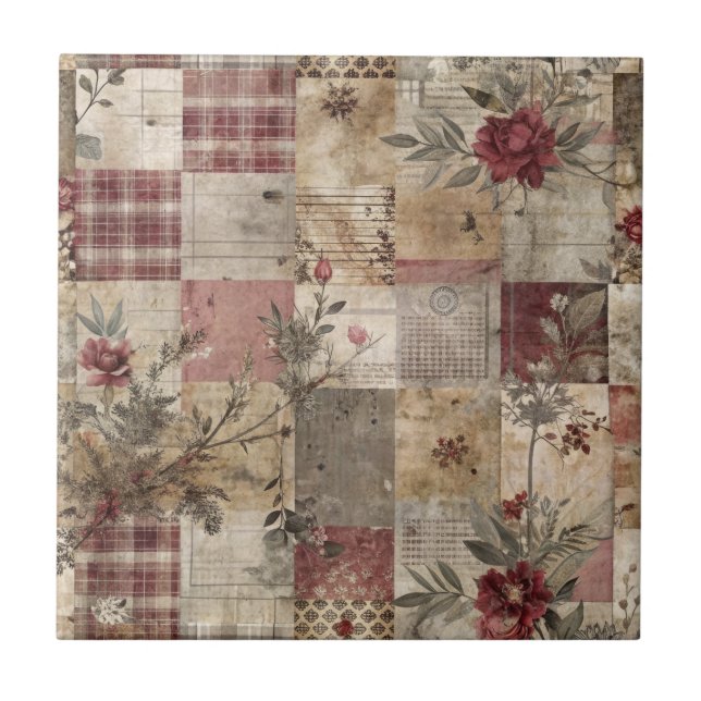 Vintage Botanical Patchwork Rustic Tile (Front)