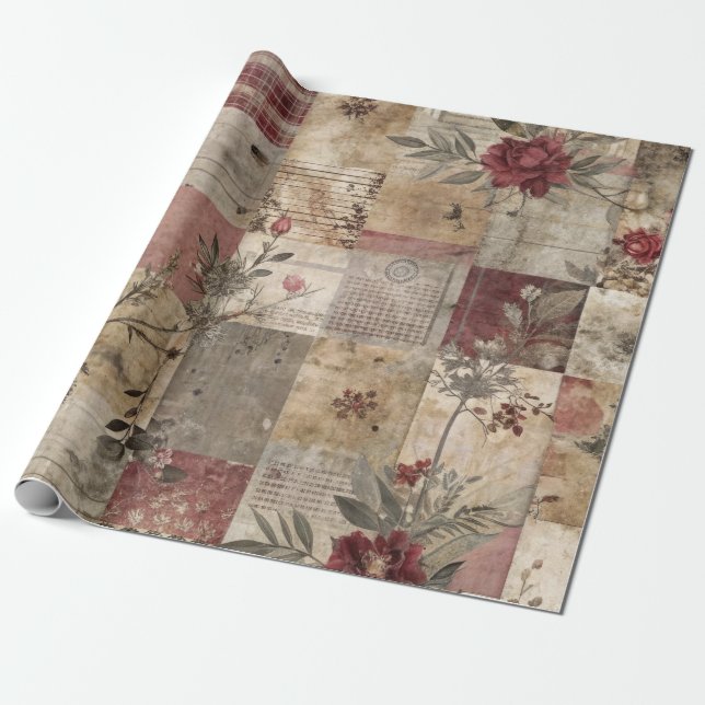 Vintage Botanical Patchwork Rustic Wrapping Paper (Unrolled)