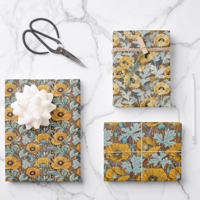 Vintage Botanical Pattern – Golden Poppies  Wrapping Paper Sheet (Front)