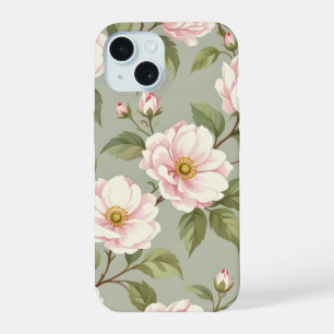 Vintage Botanical Pink Floral Sage Green iPhone 15 Case
