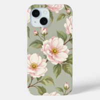 Vintage Botanical Pink Floral Sage Green iPhone 15