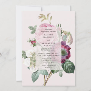 Vintage botanical pink floral wedding invitation