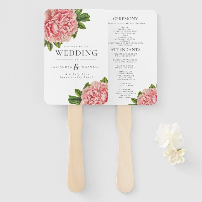 Vintage Botanical Pink Peonies Wedding Program Hand Fan (Front and Back)