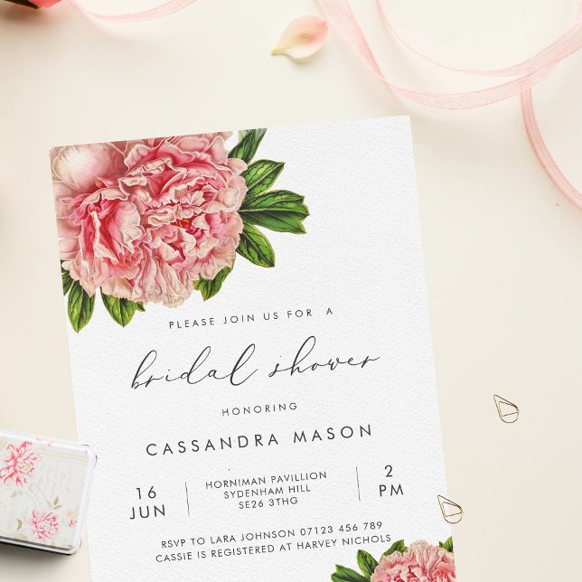 Vintage Botanical Pink Peony Bridal Shower Invitation (Creator Uploaded)
