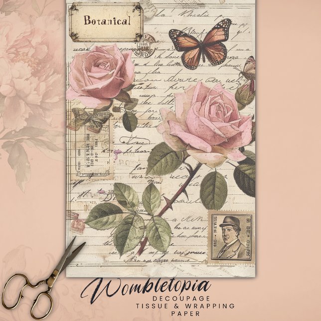 Vintage Botanical Pink Roses & Butterfly Ephemera Tissue Paper (Creator Uploaded)