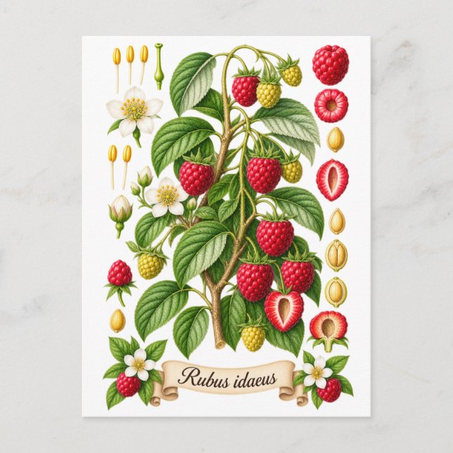 Vintage Botanical Raspberry Illustration Postcard (Front)
