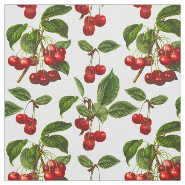 Vintage Botanical Red Cherries Print Fabric (Swatch)
