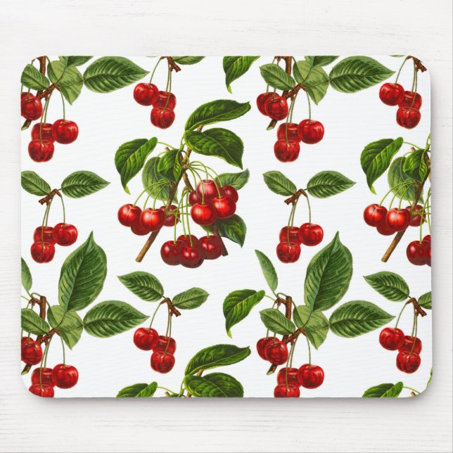 Vintage Botanical Red Cherries Print Mouse Pad (Front)