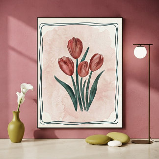 Vintage Botanical Red Tulips and Watercolor Blush Poster