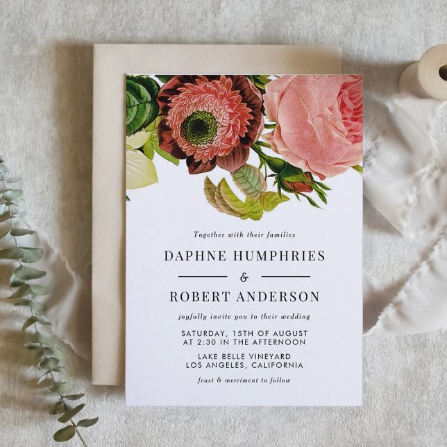 Vintage Botanical Romantic Floral Wedding Invitation (Romantic Vintage Botanical Wedding Invitation)