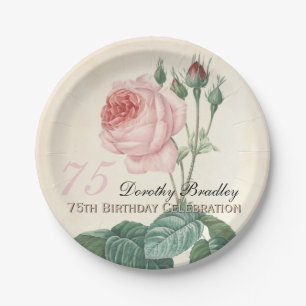 Vintage Botanical Rose 75th Birthday Party PP Paper Plate