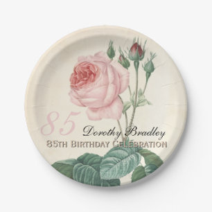 Vintage Botanical Rose 85th Birthday Party PP Paper Plate