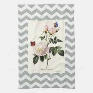 Vintage botanical rose and trendy chevron stripes tea towel