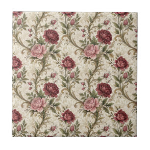 Vintage Botanical Rose & Damask Floral Pattern Art Tile