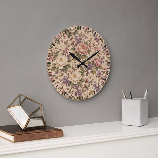 Vintage Botanical Rose Garden & Butterfly Pattern  Large Clock (Office)