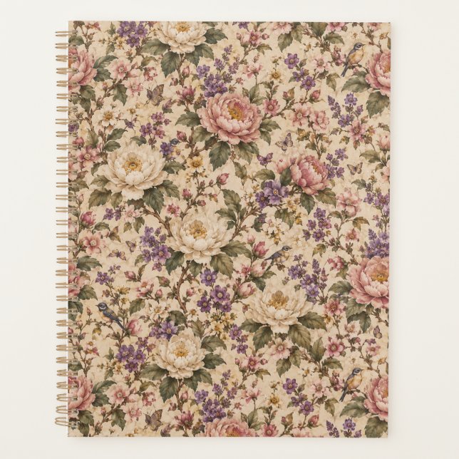 Vintage Botanical Rose Garden & Butterfly Pattern Planner (Front)