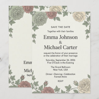 Vintage Botanical Rose & Ivy Wedding Save the Date