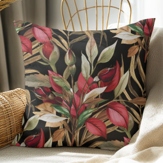 Vintage Botanical Roses And Palm Leaves Black Cushion