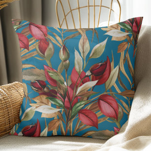Vintage Botanical Roses And Palm Leaves Blue Cushion