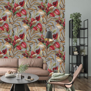 Vintage Botanical Roses And Palm Leaves Grey Wallpaper