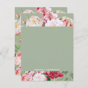 Vintage Botanical Roses Green & Pink Card