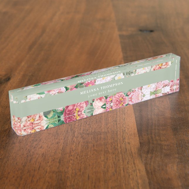 Vintage Botanical Roses Pastel Green & Pink   Nameplate (Side)