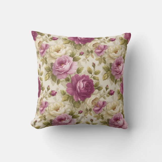 Vintage Botanical Rustic Pink & Cream Floral Cushion (Front)