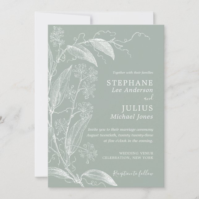 Vintage Botanical Sage Green Wedding Invitation (Front)
