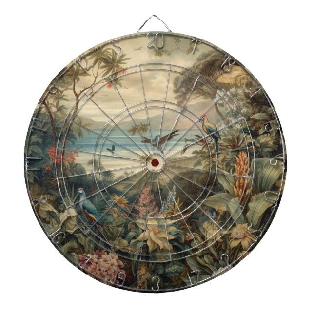 Vintage botanical scene birds flowers in paradise dartboard (Front)