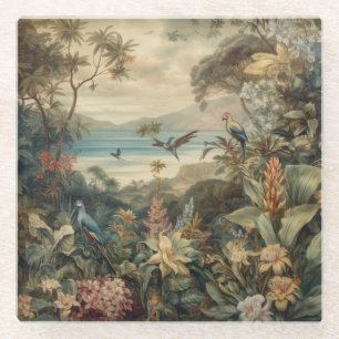 Vintage botanical scene birds flowers in paradise glass coaster
