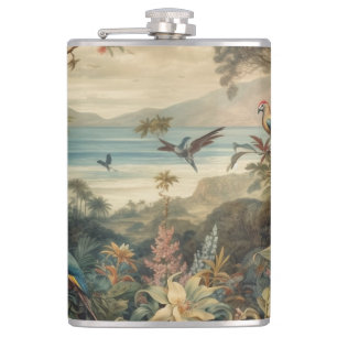 Vintage botanical scene birds flowers in paradise hip flask
