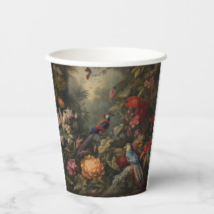 Vintage botanical scene birds flowers in paradise paper cups