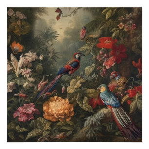 Vintage botanical scene birds flowers in paradise photo print