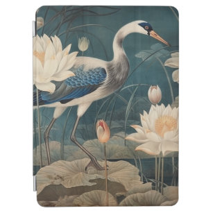 Vintage botanical scene blue crane and lotus iPad air cover