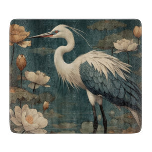 Vintage botanical scene blue crane and lotus too cutting board