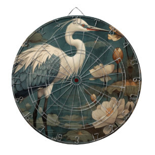 Vintage botanical scene blue crane and lotus too dartboard