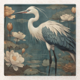 Vintage botanical scene blue crane and lotus too glass coaster