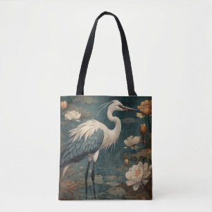 Vintage botanical scene blue crane and lotus too tote bag