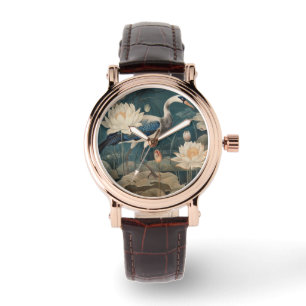 Vintage botanical scene blue crane and lotus watch