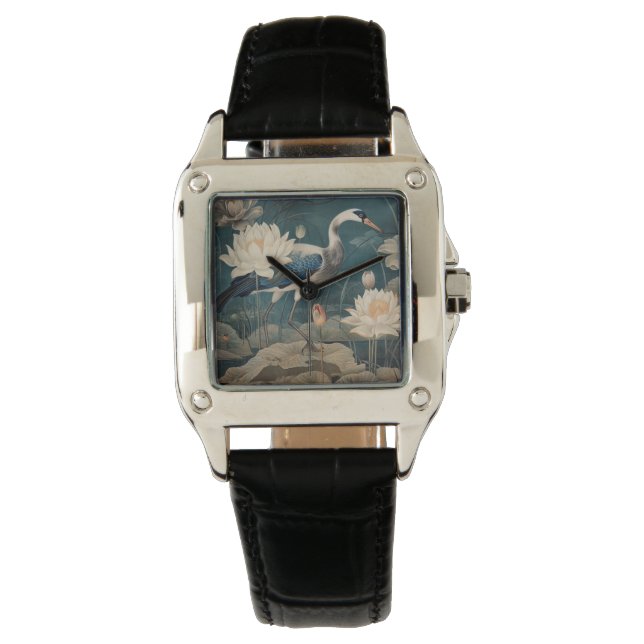 Vintage botanical scene blue crane and lotus watch (Front)