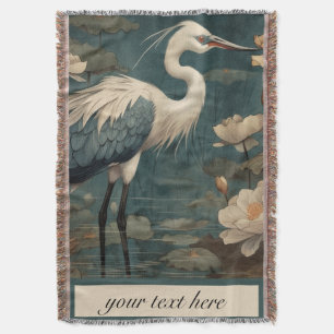 Vintage botanical scene blue crane customisable throw blanket