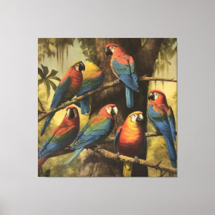 Vintage botanical scene colourful parrots in a tre canvas print