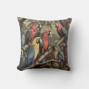 Vintage botanical scene colourful parrots in a tre cushion