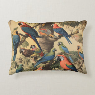 Vintage botanical scene colourful parrots in a tre decorative cushion