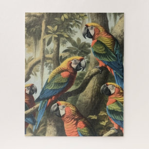 Vintage botanical scene colourful parrots in a tre jigsaw puzzle