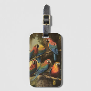 Vintage botanical scene colourful parrots in a tre luggage tag