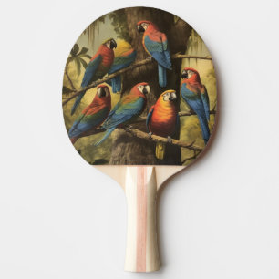 Vintage botanical scene colourful parrots in a tre ping pong paddle