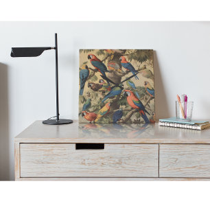 Vintage botanical scene colourful parrots in a tre square wall clock