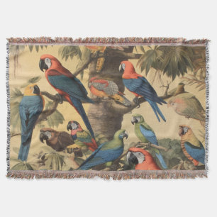 Vintage botanical scene colourful parrots in a tre throw blanket